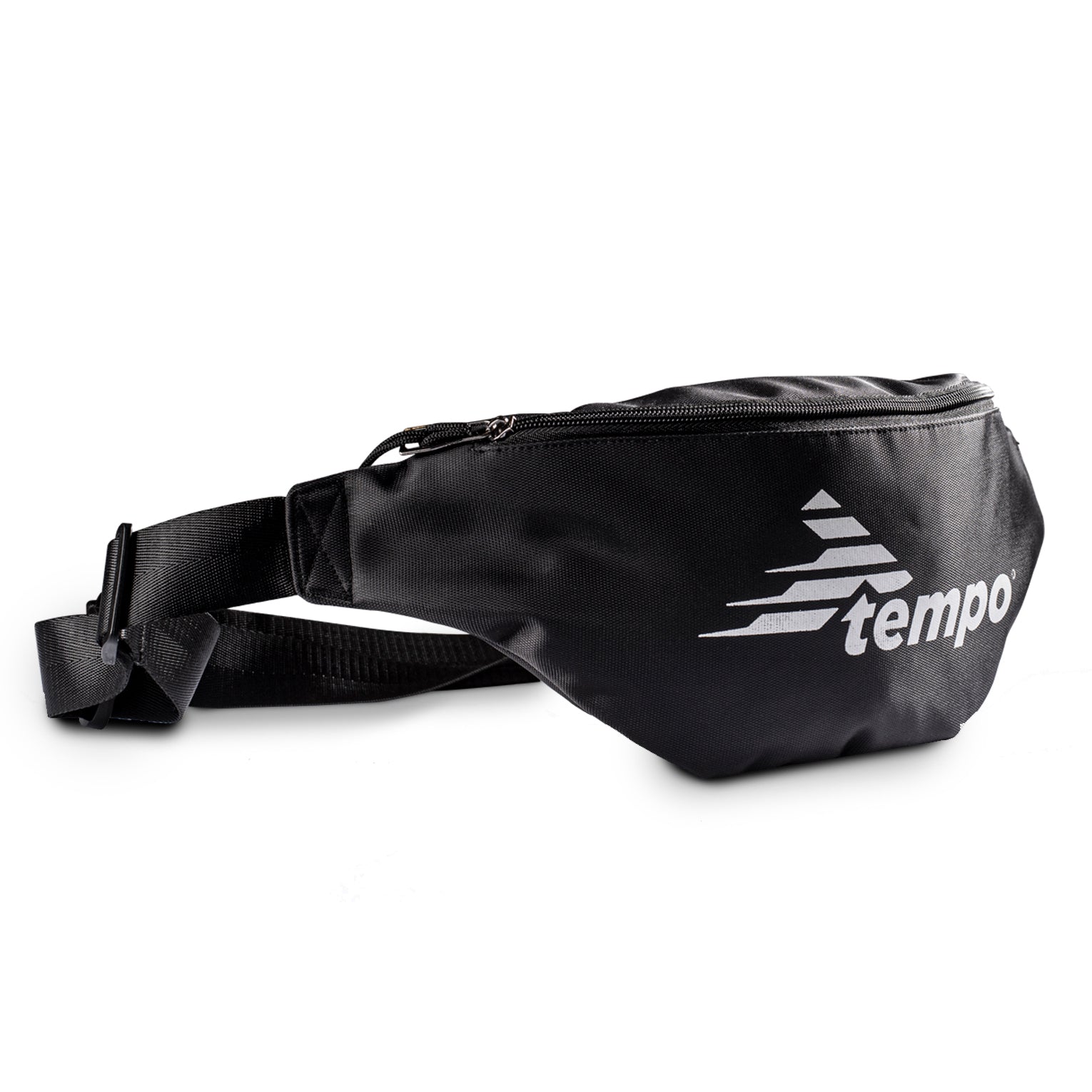 Tempo ESSENTIALS black waist bag worn crossbody by athlete
